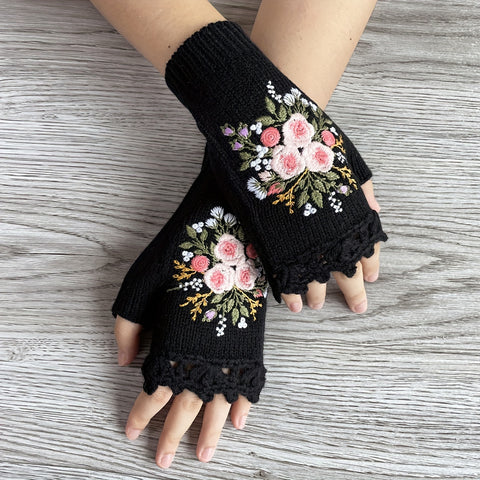 Floral Knitted Gloves Retro Handmade Gloves Autumn