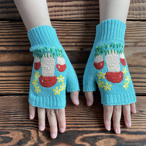 Mushroom Crocheted Half Finger Gloves Embroidery Gloves Vintage Fingerless Gloves