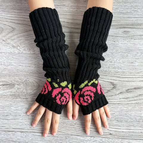 Flower Arm Warmers Knitted Thumb Hole Gloves