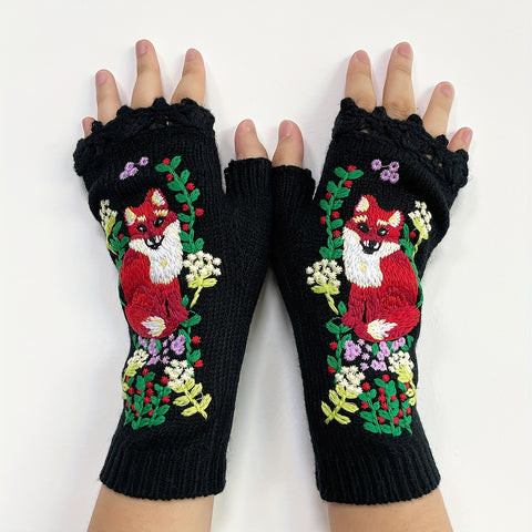 Winter Knit Embroidery Gloves  For Women