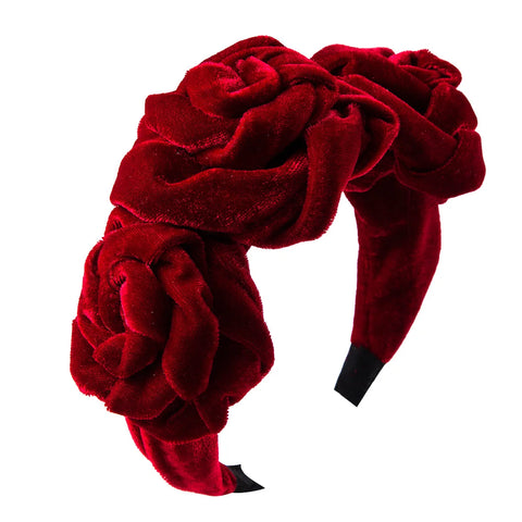Boho Big Rose Red Flower Thick Velvet Headband