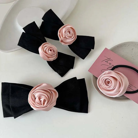 Pink Rose Bow Hair Clip  for Women /Vintage Elegant Solid Color Side Clip