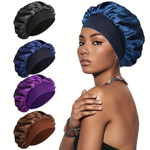 4 pcs Silky Satin Hair Bonnet with Wide Elastic Band